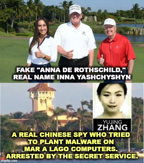 Trump's Nest of Spies | FAKE "ANNA DE ROTHSCHILD," 
REAL NAME INNA YASHCHYSHYN; A REAL CHINESE SPY WHO TRIED 
TO PLANT MALWARE ON 
MAR A LAGO COMPUTERS. 
ARRESTED BY THE SECRET SERVICE. | image tagged in trump,spies,national security,classified,anna de rothschild,yujing zhang | made w/ Imgflip meme maker