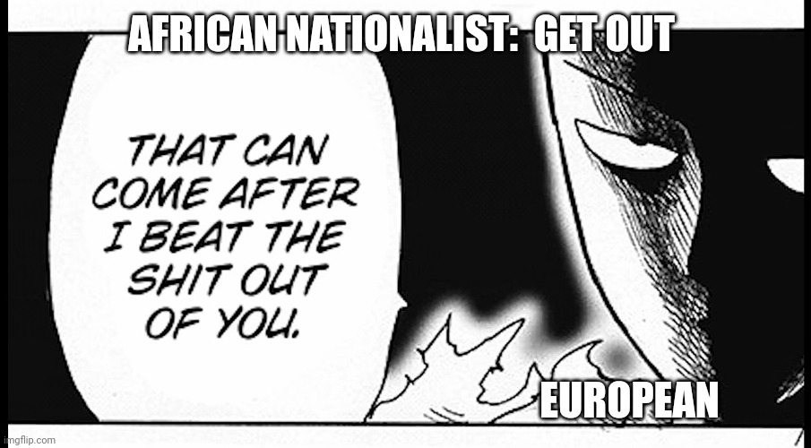 Beat the shit outta you | AFRICAN NATIONALIST:  GET OUT; EUROPEAN | image tagged in beat the shit outta you | made w/ Imgflip meme maker