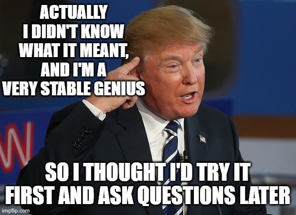dumb trump | ACTUALLY I DIDN'T KNOW WHAT IT MEANT, AND I'M A VERY STABLE GENIUS SO I THOUGHT I'D TRY IT FIRST AND ASK QUESTIONS LATER | image tagged in dumb trump | made w/ Imgflip meme maker