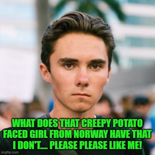 yep | WHAT DOES THAT CREEPY POTATO FACED GIRL FROM NORWAY HAVE THAT I DON'T.... PLEASE PLEASE LIKE ME! | image tagged in david hogg | made w/ Imgflip meme maker