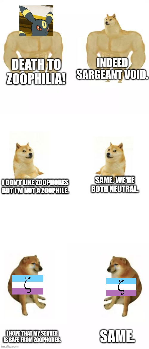 Doge Conversation | INDEED SARGEANT VOID. DEATH TO ZOOPHILIA! I DON'T LIKE ZOOPHOBES BUT I'M NOT A ZOOPHILE. SAME. WE'RE BOTH NEUTRAL. SAME. I HOPE THAT MY SERVER IS SAFE FROM ZOOPHOBES. | image tagged in doge conversation | made w/ Imgflip meme maker