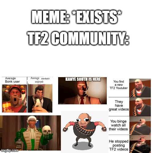 TF2 community | TF2 COMMUNITY:; MEME: *EXISTS* | image tagged in memes,blank transparent square | made w/ Imgflip meme maker