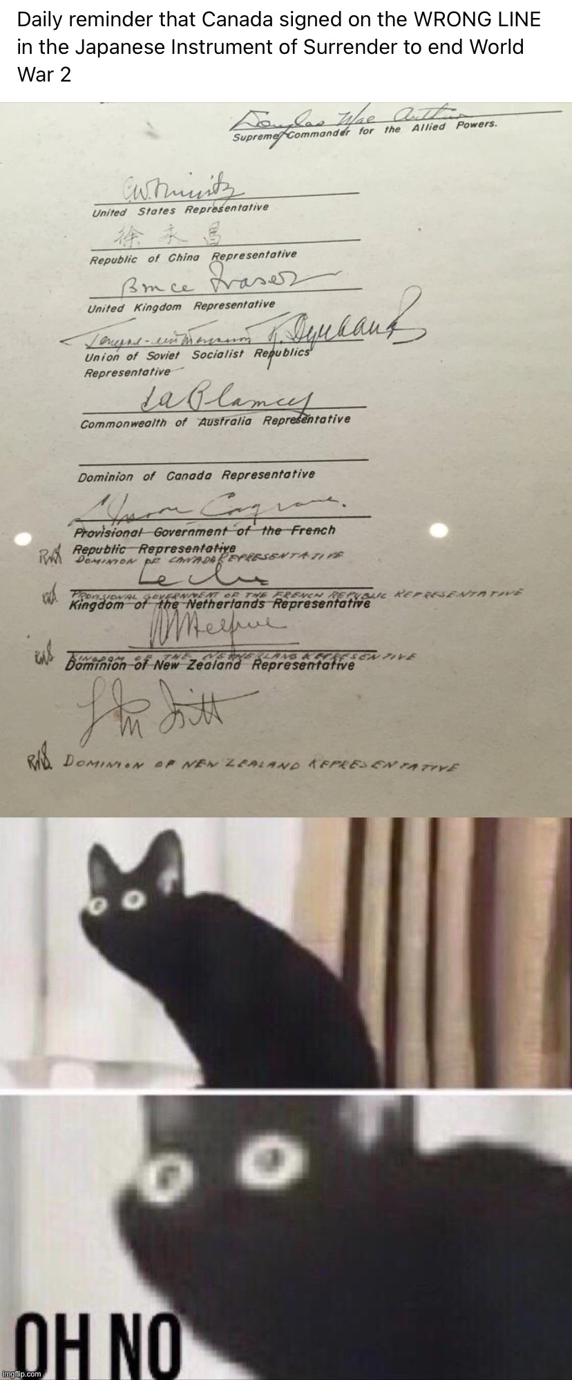 Surrender invalid | image tagged in canada signed on the wrong line to end world war ii,oh no cat | made w/ Imgflip meme maker