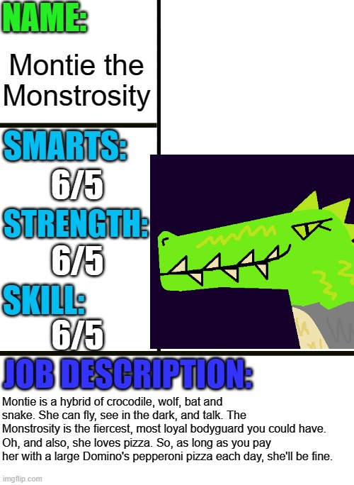 I gave Montie some stats | Montie the Monstrosity; 6/5; 6/5; 6/5; Montie is a hybrid of crocodile, wolf, bat and snake. She can fly, see in the dark, and talk. The Monstrosity is the fiercest, most loyal bodyguard you could have. 
Oh, and also, she loves pizza. So, as long as you pay her with a large Domino's pepperoni pizza each day, she'll be fine. | image tagged in antiboss-heroes template,monsters | made w/ Imgflip meme maker