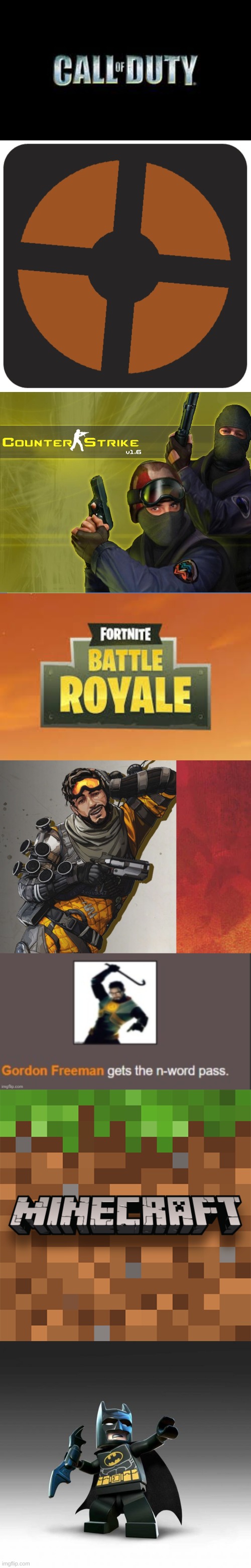 image tagged in call of duty,tf2 logo,counter strike,fortnite battle royale logo,apex legends mirage feeling cute,gordon freeman n-word pass | made w/ Imgflip meme maker