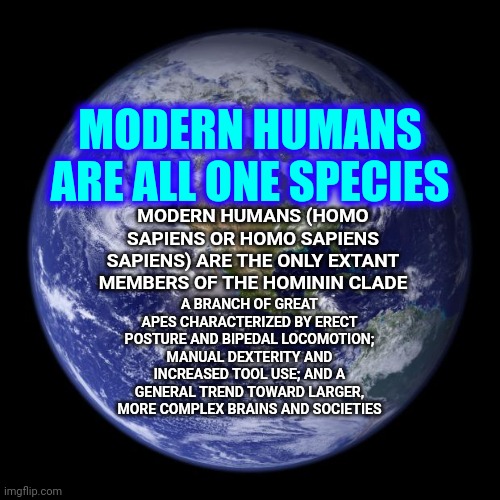 We Are One Species | MODERN HUMANS ARE ALL ONE SPECIES; MODERN HUMANS (HOMO SAPIENS OR HOMO SAPIENS SAPIENS) ARE THE ONLY EXTANT MEMBERS OF THE HOMININ CLADE; A BRANCH OF GREAT APES CHARACTERIZED BY ERECT POSTURE AND BIPEDAL LOCOMOTION; MANUAL DEXTERITY AND INCREASED TOOL USE; AND A GENERAL TREND TOWARD LARGER, MORE COMPLEX BRAINS AND SOCIETIES | image tagged in earth,memes,homo sapien,humans,species,same | made w/ Imgflip meme maker