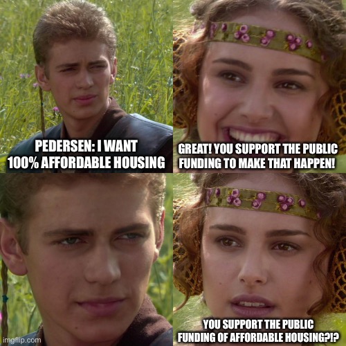 Anakin Padme 4 Panel | PEDERSEN: I WANT 100% AFFORDABLE HOUSING; GREAT! YOU SUPPORT THE PUBLIC FUNDING TO MAKE THAT HAPPEN! YOU SUPPORT THE PUBLIC FUNDING OF AFFORDABLE HOUSING?!? | image tagged in anakin padme 4 panel | made w/ Imgflip meme maker