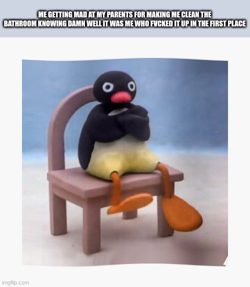 Hm | ME GETTING MAD AT MY PARENTS FOR MAKING ME CLEAN THE BATHROOM KNOWING DAMN WELL IT WAS ME WHO FVCKED IT UP IN THE FIRST PLACE | image tagged in noot noot,pingu,angry | made w/ Imgflip meme maker