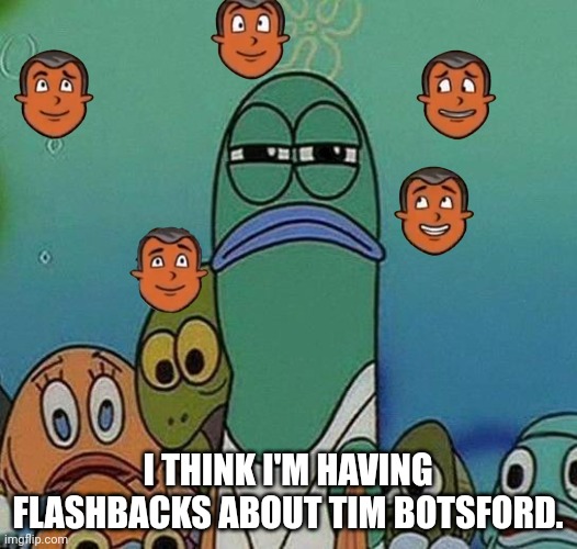 Flashback s | I THINK I'M HAVING FLASHBACKS ABOUT TIM BOTSFORD. | image tagged in fish,flashback | made w/ Imgflip meme maker