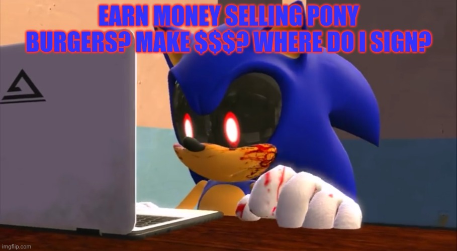 Sonic.exe finds the internet | EARN MONEY SELLING PONY BURGERS? MAKE $$$? WHERE DO I SIGN? | image tagged in sonic exe finds the internet | made w/ Imgflip meme maker