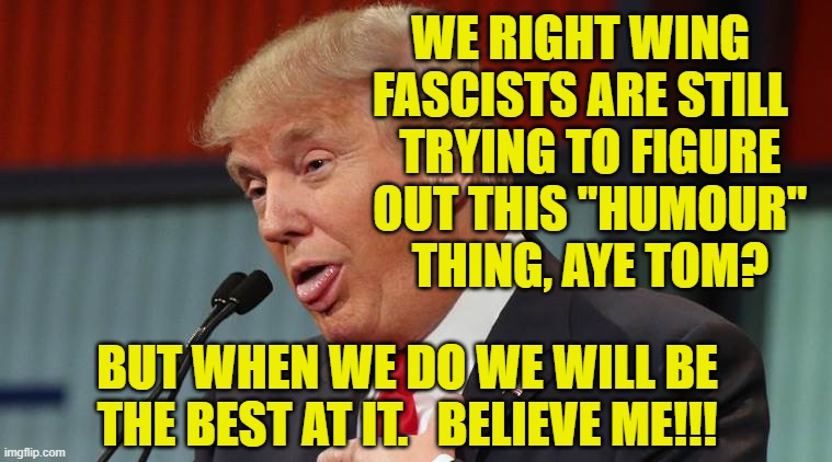 Dumb Trump | WE RIGHT WING FASCISTS ARE STILL   TRYING TO FIGURE   OUT THIS "HUMOUR"   THING, AYE TOM? BUT WHEN WE DO WE WILL BE THE BEST AT IT.   BELIEV | image tagged in dumb trump | made w/ Imgflip meme maker
