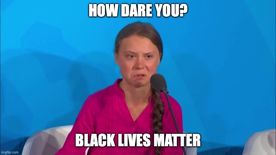 "How dare you?" - Greta Thunberg | HOW DARE YOU? BLACK LIVES MATTER | image tagged in how dare you - greta thunberg | made w/ Imgflip meme maker
