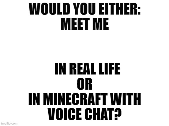 I wonder | WOULD YOU EITHER:
MEET ME; IN REAL LIFE

 OR 

IN MINECRAFT WITH VOICE CHAT? | image tagged in blank white template | made w/ Imgflip meme maker