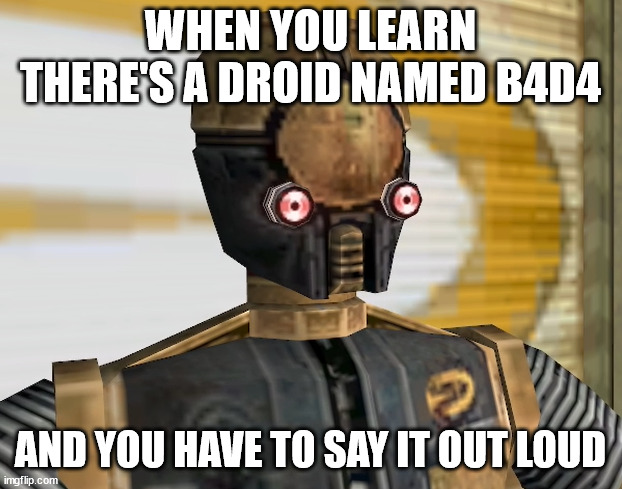 B4D4 | WHEN YOU LEARN THERE'S A DROID NAMED B4D4; AND YOU HAVE TO SAY IT OUT LOUD | image tagged in kotor ii,star wars,funny,star wars universe,relatable | made w/ Imgflip meme maker