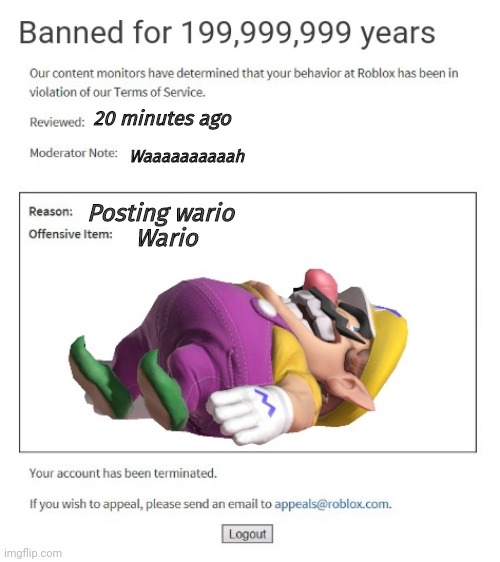 Vote Wario. Or possibly one of the other candidates | 20 minutes ago; Waaaaaaaaaah; Posting wario; Wario | image tagged in wario,roblox meme,stop it get some help | made w/ Imgflip meme maker
