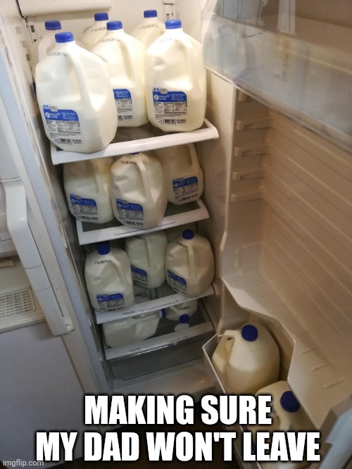 Dad |  MAKING SURE MY DAD WON'T LEAVE | image tagged in memes,funny,dad,milk,fridge | made w/ Imgflip meme maker