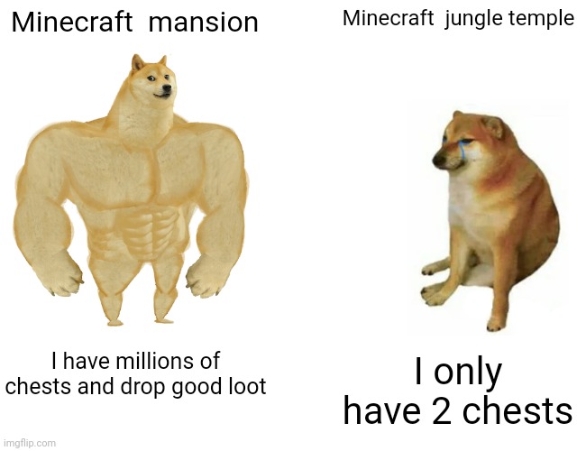 Minecraft structures be like... | Minecraft  mansion; Minecraft  jungle temple; I have millions of chests and drop good loot; I only have 2 chests | image tagged in memes,buff doge vs cheems | made w/ Imgflip meme maker