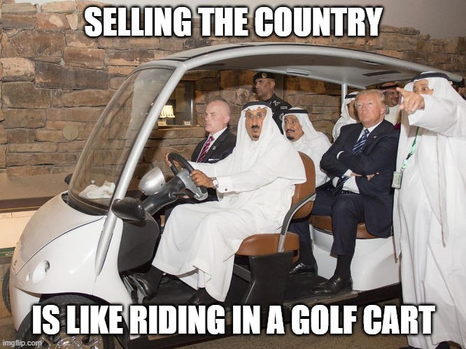 Trump golf cart | SELLING THE COUNTRY; IS LIKE RIDING IN A GOLF CART | image tagged in trump golf cart | made w/ Imgflip meme maker