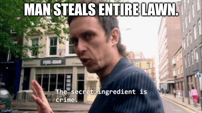 Bizarre crimes Number 1 | MAN STEALS ENTIRE LAWN. | image tagged in the secret ingredient is crime | made w/ Imgflip meme maker