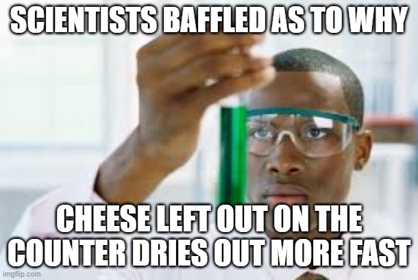 FINALLY | SCIENTISTS BAFFLED AS TO WHY; CHEESE LEFT OUT ON THE COUNTER DRIES OUT MORE FAST | image tagged in finally | made w/ Imgflip meme maker