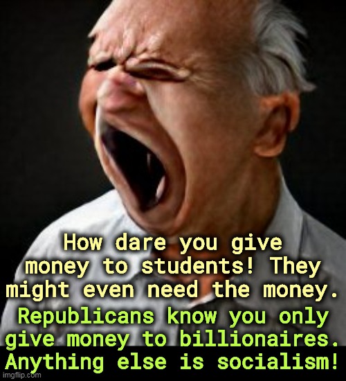 How dare you give money to students! They might even need the money. Republicans know you only give money to billionaires. Anything else is socialism! | image tagged in student loans,republicans,hate,education,love,billionaire | made w/ Imgflip meme maker