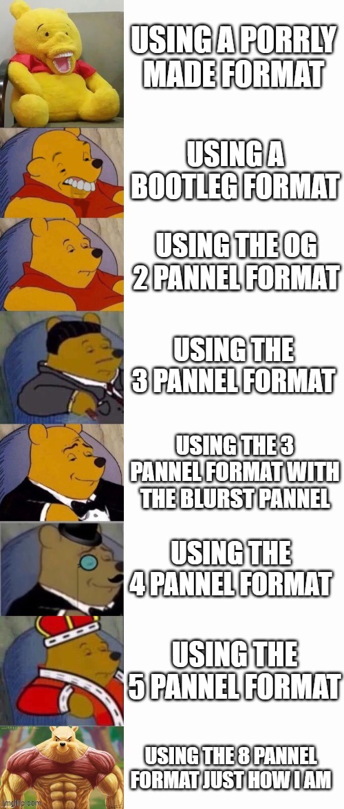 we need to get this format popular | USING A PORRLY MADE FORMAT; USING A BOOTLEG FORMAT; USING THE OG 2 PANNEL FORMAT; USING THE 3 PANNEL FORMAT; USING THE 3 PANNEL FORMAT WITH THE BLURST PANNEL; USING THE 4 PANNEL FORMAT; USING THE 5 PANNEL FORMAT; USING THE 8 PANNEL FORMAT JUST HOW I AM | image tagged in 8-panel winnie the pooh meme,tuxedo winnie the pooh,tuxedo winnie the pooh 3 panel,tuxedo winnie the pooh 4 panel | made w/ Imgflip meme maker