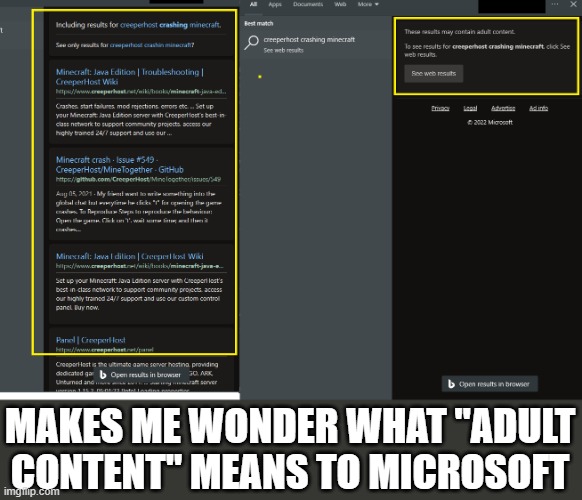 You take the "g" off crashing, its fine, otherwise you get ....adult content |  MAKES ME WONDER WHAT "ADULT CONTENT" MEANS TO MICROSOFT | image tagged in microsoft edge,you had one job just the one,you had one job,minecraft,minecraft memes | made w/ Imgflip meme maker