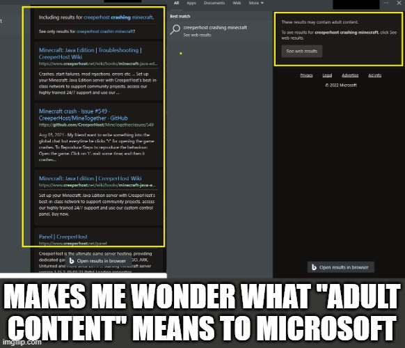 You take the "g" off crashing, its fine, otherwise you get ....adult content | MAKES ME WONDER WHAT "ADULT CONTENT" MEANS TO MICROSOFT | image tagged in microsoft edge,you had one job just the one,you had one job,minecraft,minecraft memes | made w/ Imgflip meme maker