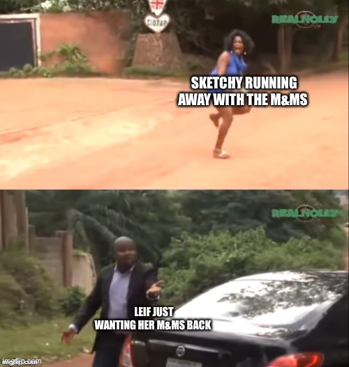 Why are you running | SKETCHY RUNNING AWAY WITH THE M&MS LEIF JUST WANTING HER M&MS BACK | image tagged in why are you running | made w/ Imgflip meme maker