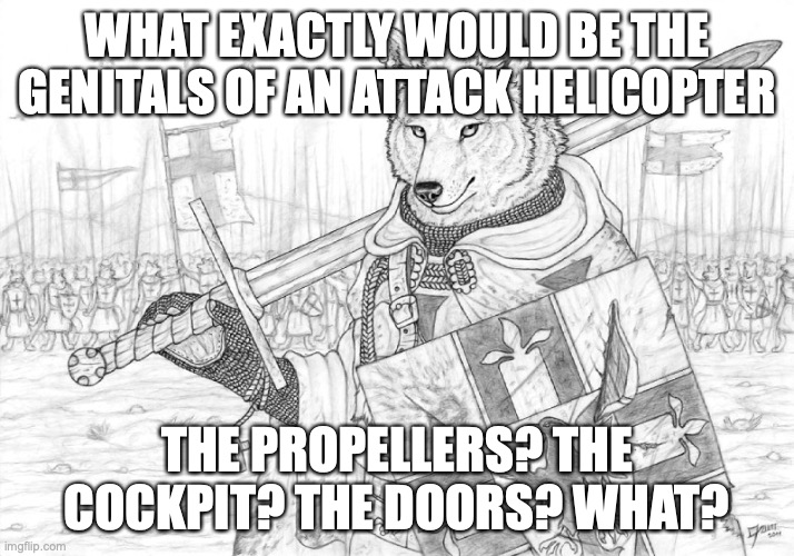 Fursader. | WHAT EXACTLY WOULD BE THE GENITALS OF AN ATTACK HELICOPTER; THE PROPELLERS? THE COCKPIT? THE DOORS? WHAT? | image tagged in fursader | made w/ Imgflip meme maker