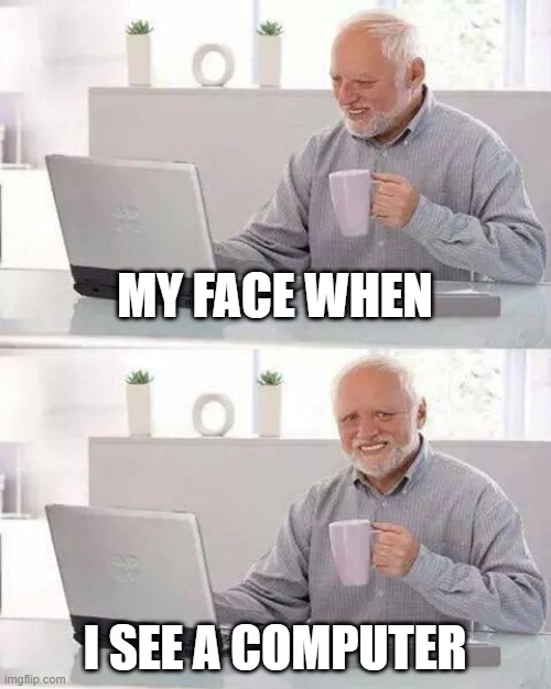 sure i make you laugh | MY FACE WHEN; I SEE A COMPUTER | image tagged in memes,hide the pain harold | made w/ Imgflip meme maker