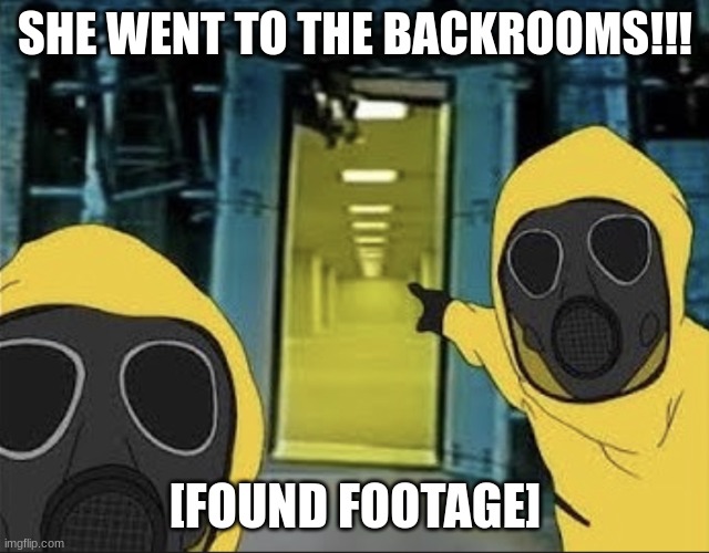 Hazmat men pointing at The Backrooms portal | SHE WENT TO THE BACKROOMS!!! [FOUND FOOTAGE] | image tagged in hazmat men pointing at the backrooms portal | made w/ Imgflip meme maker