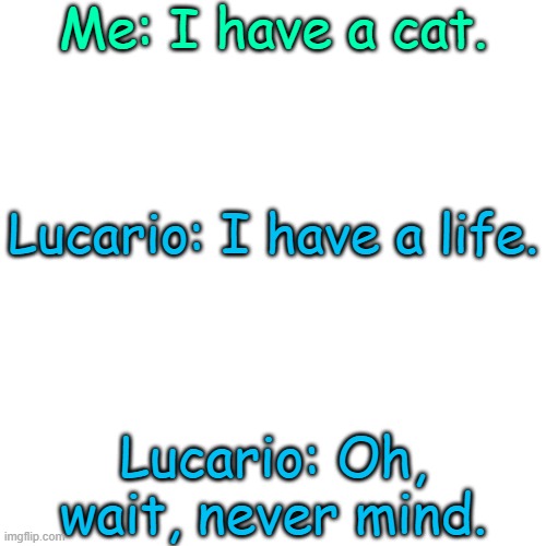 :P | Me: I have a cat. Lucario: I have a life. Lucario: Oh, wait, never mind. | image tagged in memes,blank transparent square | made w/ Imgflip meme maker
