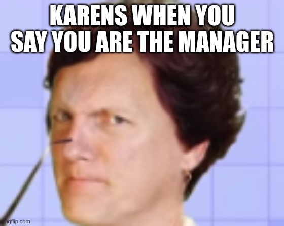 Karen | KARENS WHEN YOU SAY YOU ARE THE MANAGER | image tagged in karen | made w/ Imgflip meme maker