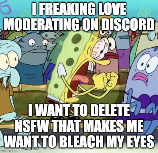 Spongebob Yelling | I FREAKING LOVE MODERATING ON DISCORD; I WANT TO DELETE NSFW THAT MAKES ME WANT TO BLEACH MY EYES | image tagged in spongebob yelling | made w/ Imgflip meme maker