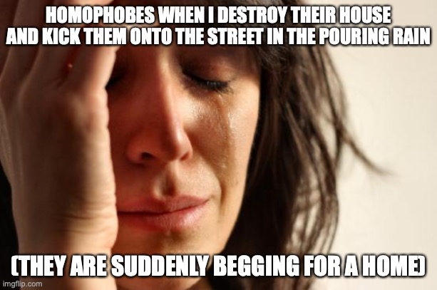 First World Problems | HOMOPHOBES WHEN I DESTROY THEIR HOUSE AND KICK THEM ONTO THE STREET IN THE POURING RAIN; (THEY ARE SUDDENLY BEGGING FOR A HOME) | image tagged in memes,first world problems | made w/ Imgflip meme maker