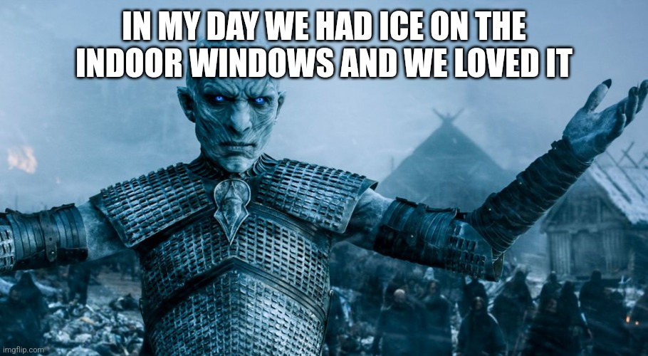 Game of Thrones Night King | IN MY DAY WE HAD ICE ON THE INDOOR WINDOWS AND WE LOVED IT | image tagged in game of thrones night king | made w/ Imgflip meme maker