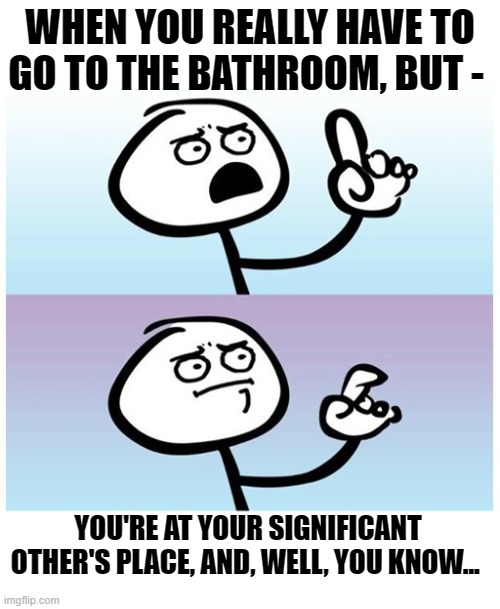 Hold That Thought, Or Something... | WHEN YOU REALLY HAVE TO GO TO THE BATHROOM, BUT -; YOU'RE AT YOUR SIGNIFICANT OTHER'S PLACE, AND, WELL, YOU KNOW... | image tagged in stick figure finger,that awkward moment,awkward,waiting,memes,holding it in | made w/ Imgflip meme maker