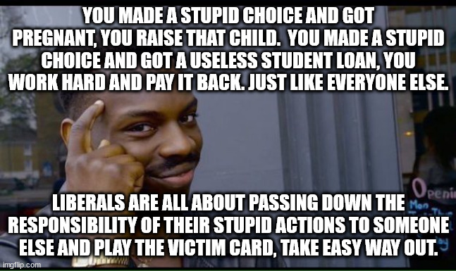 common sense | YOU MADE A STUPID CHOICE AND GOT PREGNANT, YOU RAISE THAT CHILD.  YOU MADE A STUPID CHOICE AND GOT A USELESS STUDENT LOAN, YOU WORK HARD AND | image tagged in common sense | made w/ Imgflip meme maker