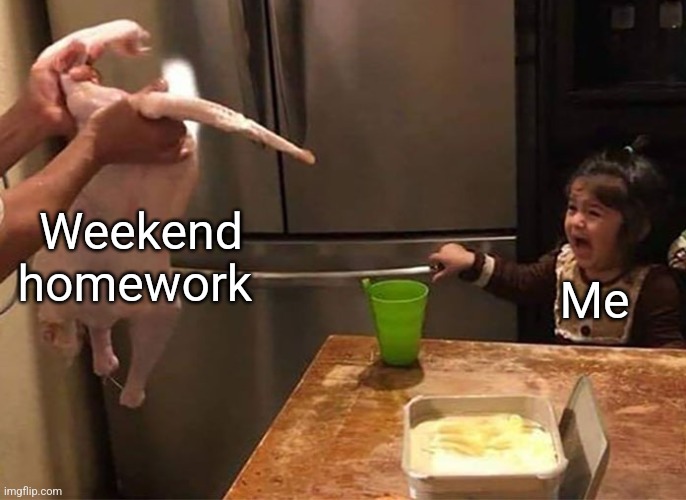 Relatable? | Weekend homework; Me | image tagged in girl scared of chicken,funny,relatable,school,homework,memes | made w/ Imgflip meme maker