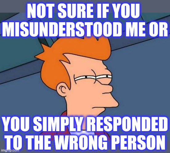 Futurama Fry Meme | NOT SURE IF YOU 
MISUNDERSTOOD ME OR YOU SIMPLY RESPONDED TO THE WRONG PERSON | image tagged in memes,futurama fry | made w/ Imgflip meme maker