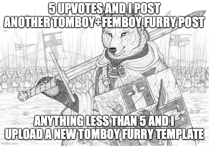 for the one below I'll do it in about a week (this meme is entirely contained within a /j) | 5 UPVOTES AND I POST ANOTHER TOMBOY+FEMBOY FURRY POST; ANYTHING LESS THAN 5 AND I UPLOAD A NEW TOMBOY FURRY TEMPLATE | image tagged in fursader | made w/ Imgflip meme maker