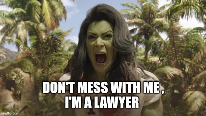 She Hulk | DON'T MESS WITH ME ,
I'M A LAWYER | image tagged in she hulk | made w/ Imgflip meme maker