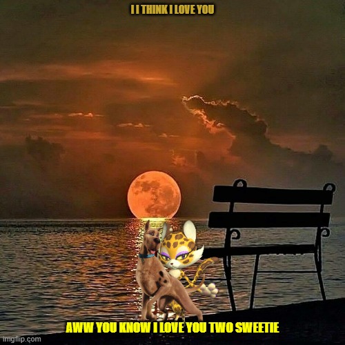 scooby confesses | I I THINK I LOVE YOU; AWW YOU KNOW I LOVE YOU TWO SWEETIE | image tagged in romantic sunset,scooby doo,kirby,cats,dogs | made w/ Imgflip meme maker