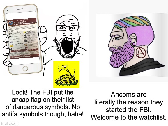 Blank White Template | Look! The FBI put the ancap flag on their list of dangerous symbols. No antifa symbols though, haha! Ancoms are literally the reason they started the FBI. Welcome to the watchlist. | made w/ Imgflip meme maker