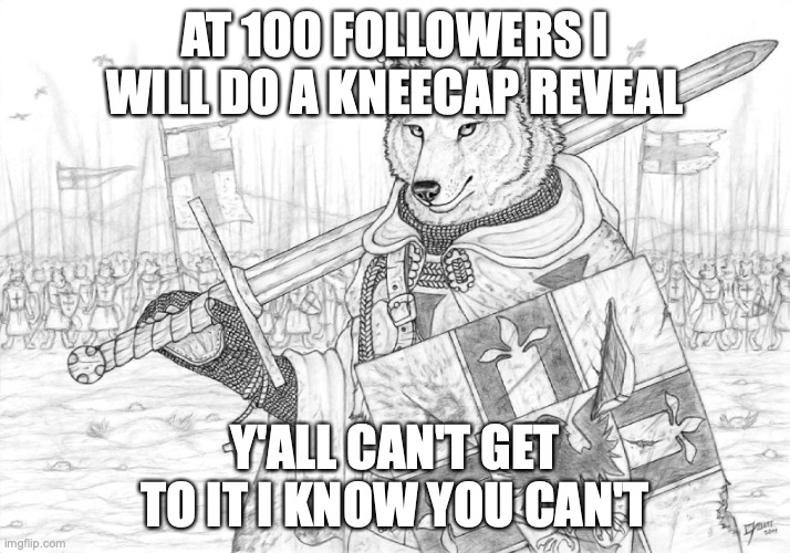 no kneecaps for y'all | AT 100 FOLLOWERS I WILL DO A KNEECAP REVEAL; Y'ALL CAN'T GET TO IT I KNOW YOU CAN'T | image tagged in fursader | made w/ Imgflip meme maker