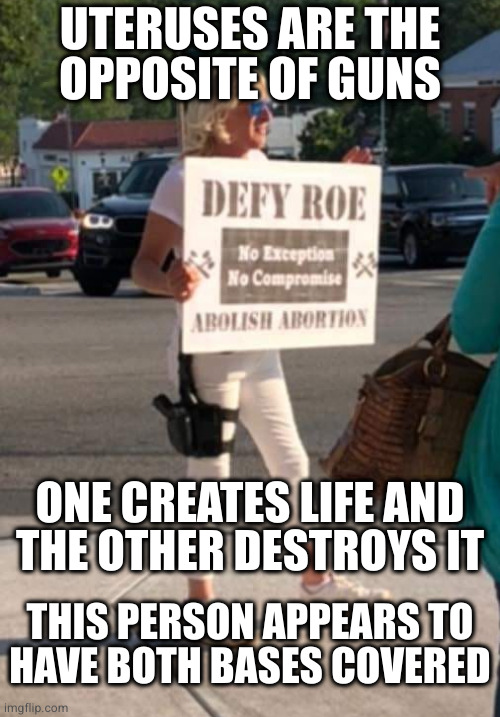 Pro-Life But I'll Kill YOu | UTERUSES ARE THE
OPPOSITE OF GUNS; ONE CREATES LIFE AND
THE OTHER DESTROYS IT; THIS PERSON APPEARS TO
HAVE BOTH BASES COVERED | image tagged in pro-life but i'll kill you | made w/ Imgflip meme maker