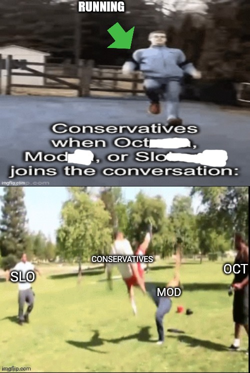 (P2 Meme) What Conservatives Really do when (blank) join the Conversation | RUNNING | image tagged in conservatives,liberal vs conservative,kickass | made w/ Imgflip meme maker