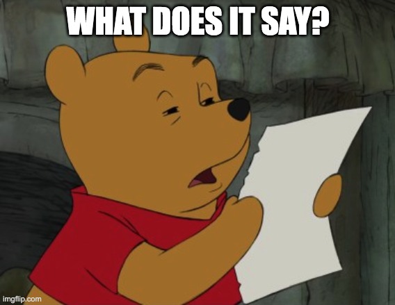 Winnie the Pooh reading | WHAT DOES IT SAY? | image tagged in winnie the pooh reading | made w/ Imgflip meme maker