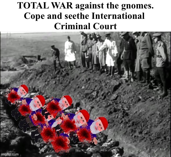 Violence towards gnomes is not the answer. It’s a question, and the answer is YES | TOTAL WAR against the gnomes.
Cope and seethe International 
Criminal Court | image tagged in ive committed various war crimes | made w/ Imgflip meme maker